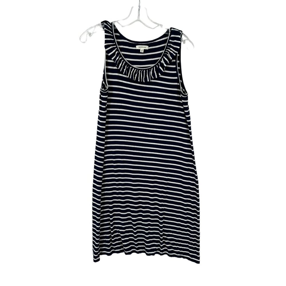Max Studios Dress Womens Size M Blue White Striped Ruffled Neck Boho‎ Girly